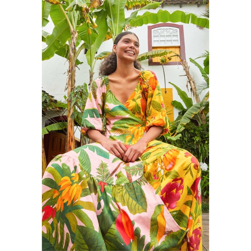 FARM Rio Tropical Floral Midi Dress in Pink, Yellow & Green